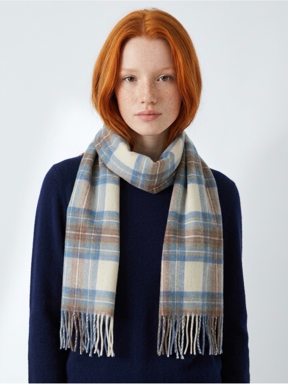Blue and Cream Plaid Fringe Scarf - Women's Soft Winter Wrap 100% Cashmere